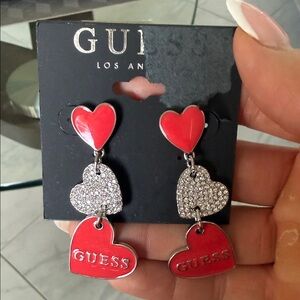 GUESS Red and Silver Triple Heart Earrings